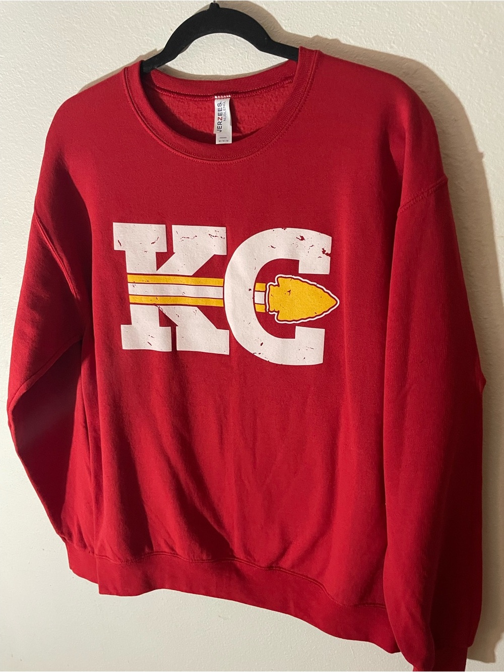 Jerzees Red Crewneck with White KC and Yellow Arrowhead Graphic